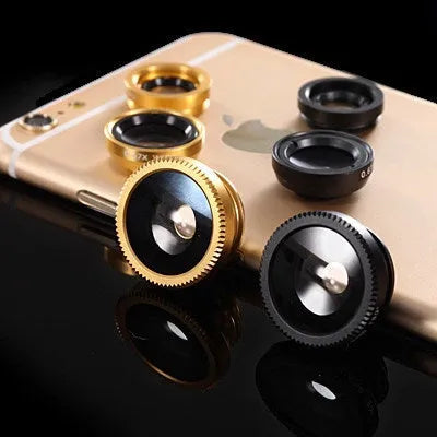 Mobile phone fisheye wide-angle macro three lens kit with universal clip in eight colour options