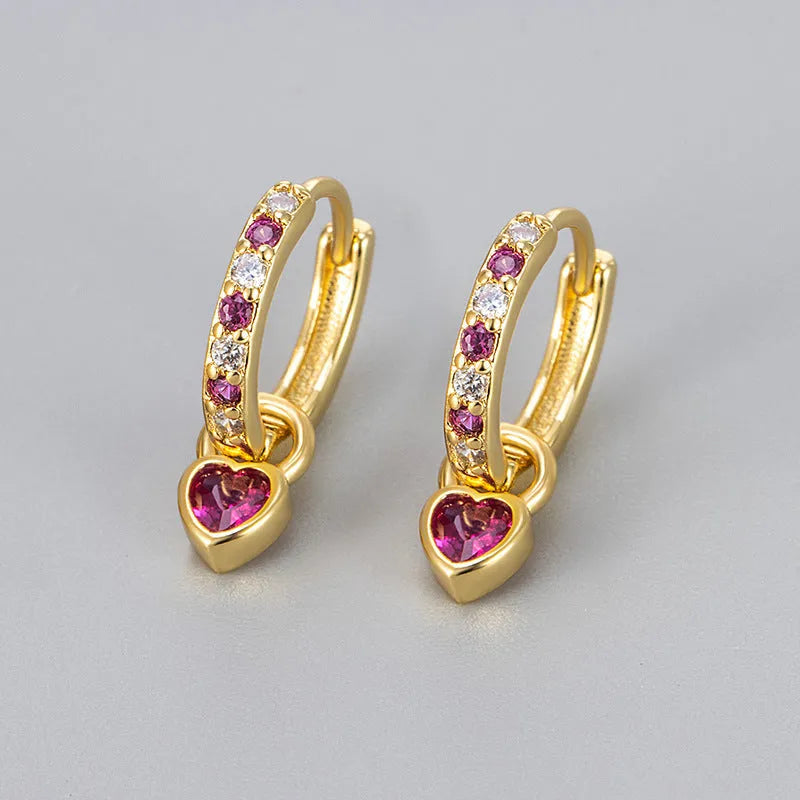 Heart-shaped zircon drop earrings for women in gold or white gold plating with colour stone options