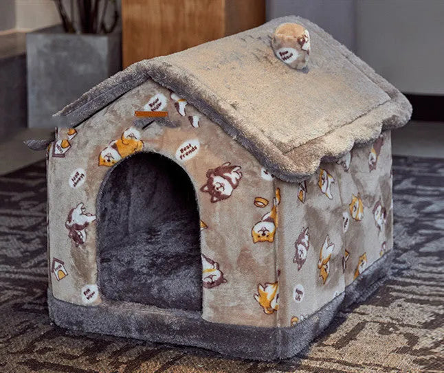 Removable washable closed dog house for small dogs and cats in brown rabbit plush
