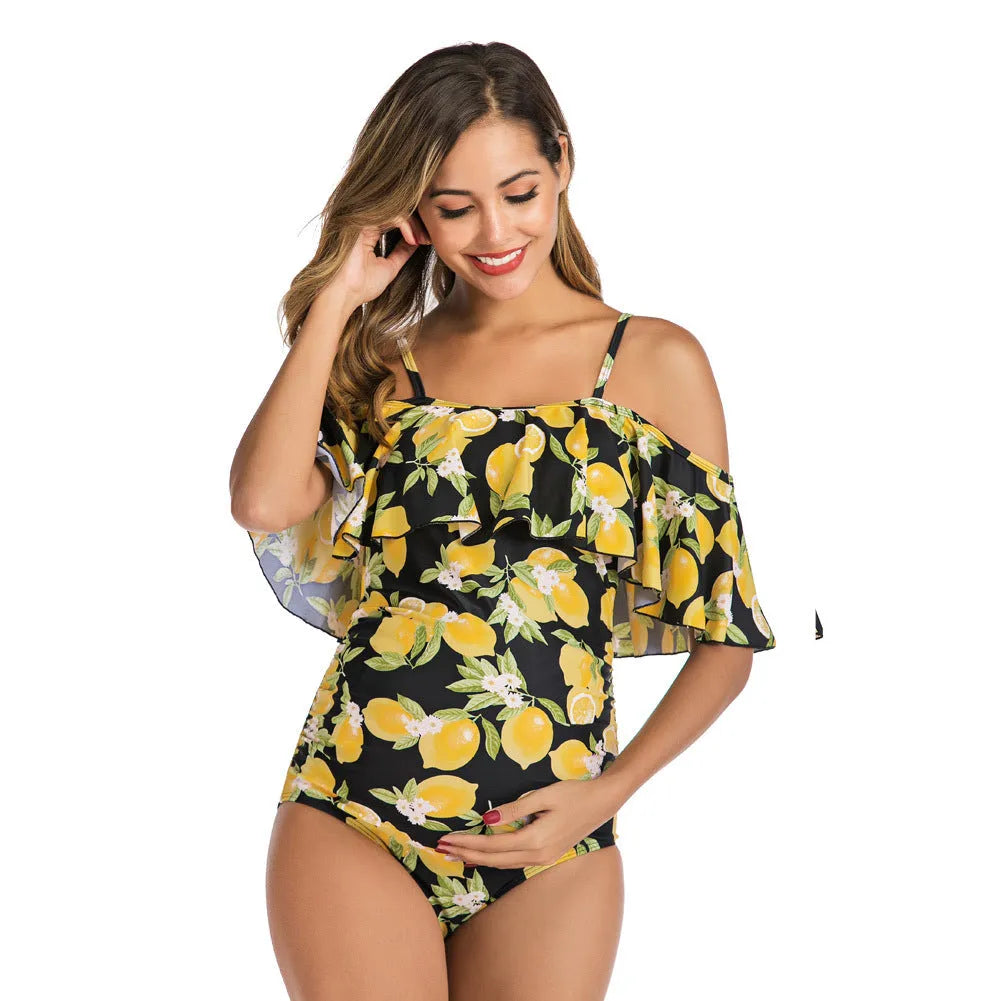 Ruffled one-piece maternity swimsuit in Lemon, nylon with 80% nylon content, sizes S to XXL