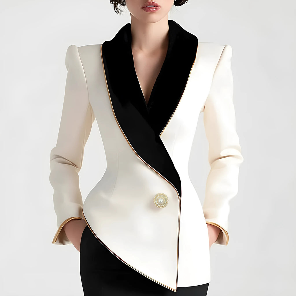 Milky white women's irregular long sleeve coat with golden edge pearl buttons on a hanger.