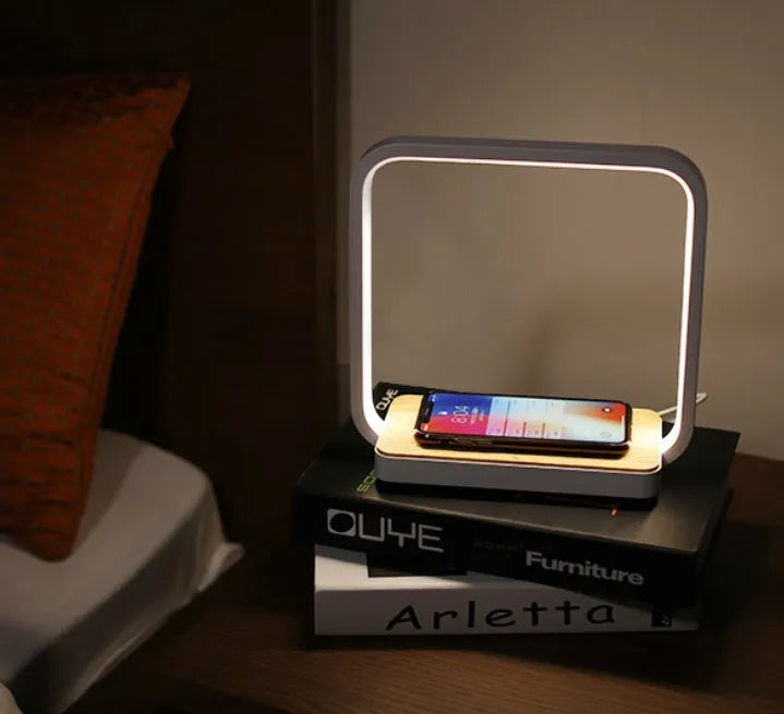 White intelligent induction lamp with LED light, touch switch, plastic lampshade, Apple compatible, interface options.