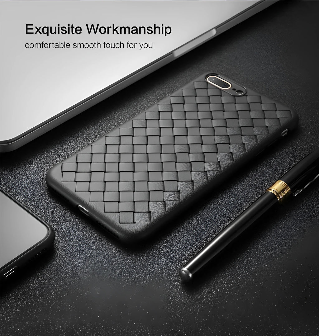 Luxury grid weaving pattern iPhone case in various colours showing slim TPU design and raised screen edges.