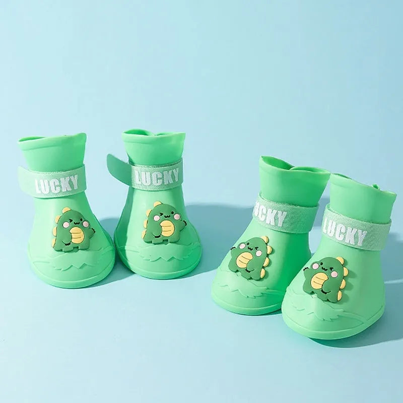Waterproof anti-slip rubber pet rain boots in blue, green, pink, yellow, 4-pack, sizes L-5XL