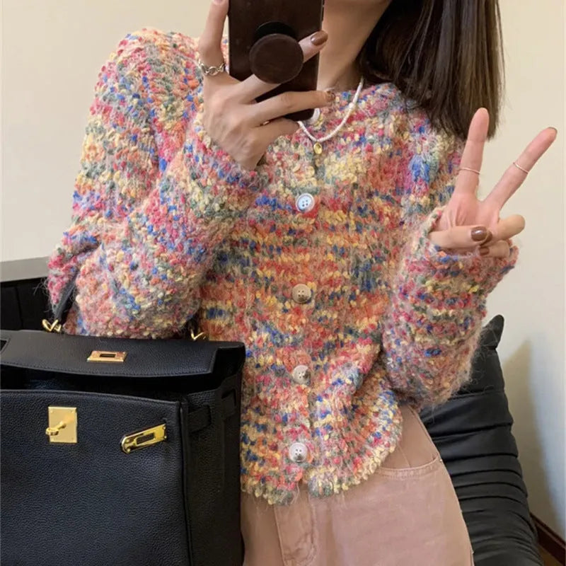 Pink and green acrylic cardigan sweater with knitted rainbow pattern, slim fit free size design