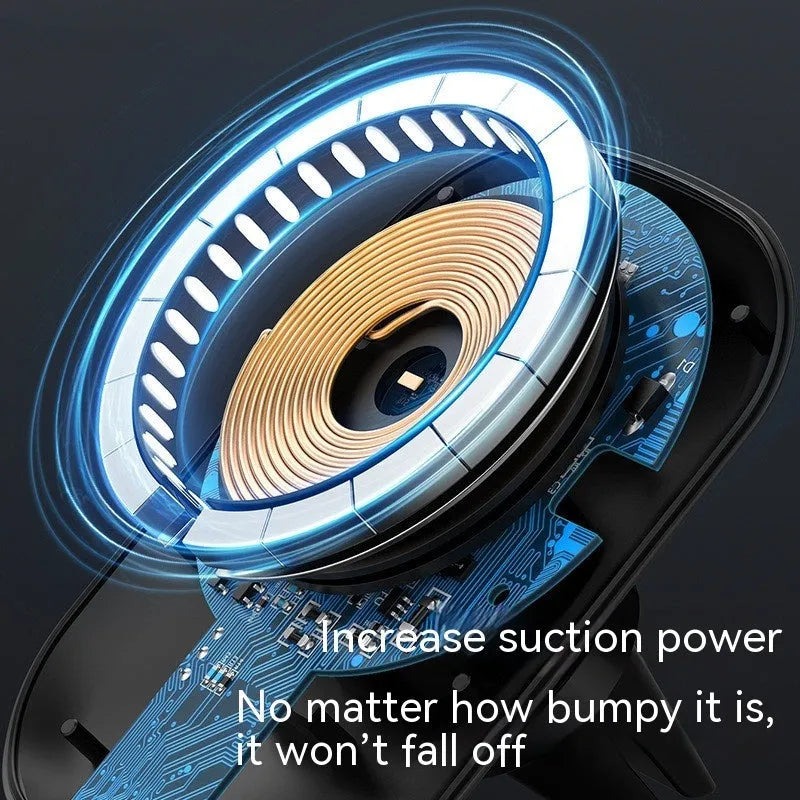 Black and white magnetic car wireless charger with phone mounted, showing air vent and dashboard mounting options