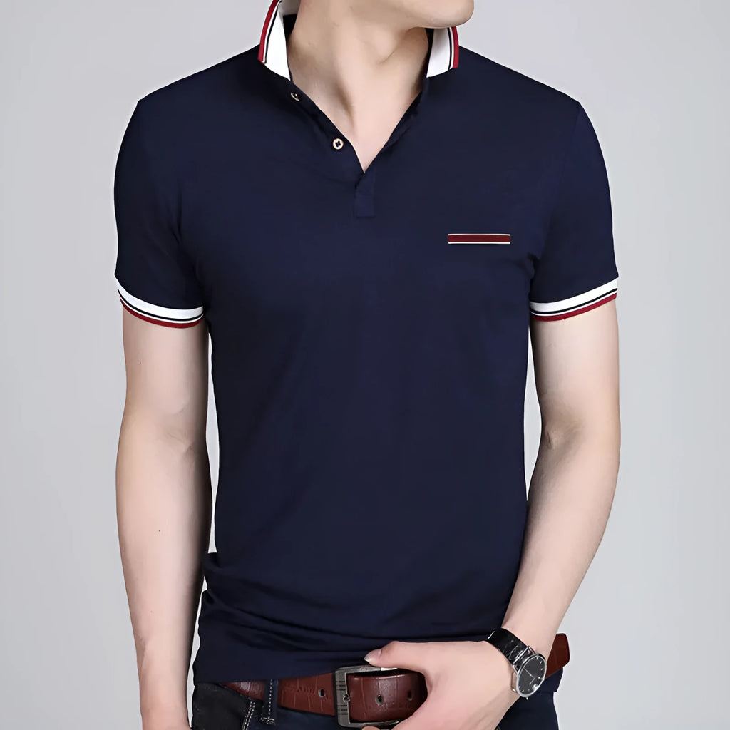 Men's lapel short sleeve T-shirt in 100% combed cotton with geometric collage splicing, Blue or Grey, sizes M to 5XL