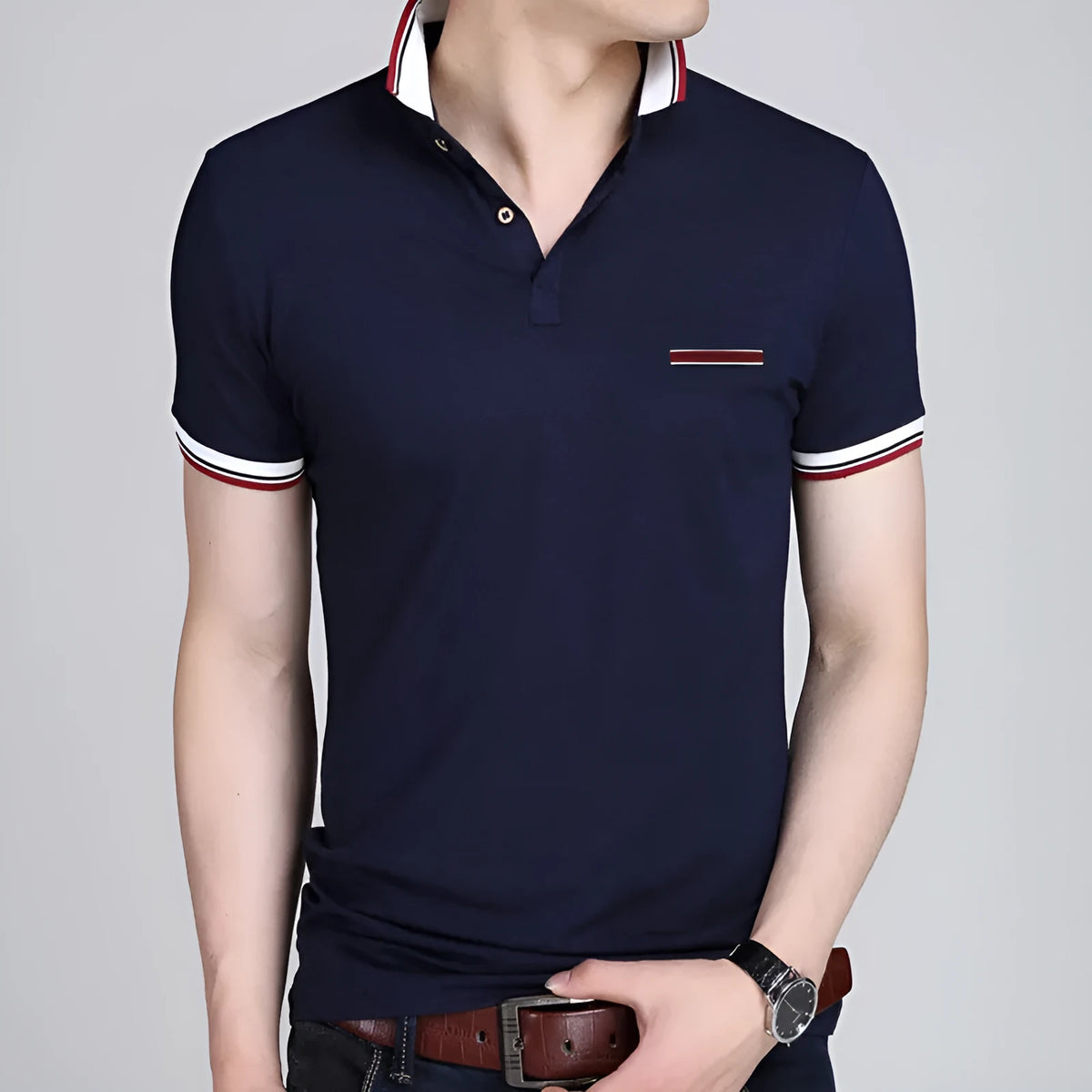 Men's lapel short sleeve T-shirt in 100% combed cotton with geometric collage splicing, Blue or Grey, sizes M to 5XL
