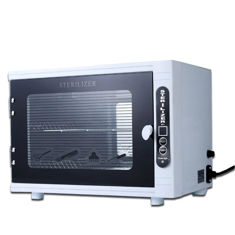 Small silver UV steriliser for salon tools with stainless steel interior and compact design