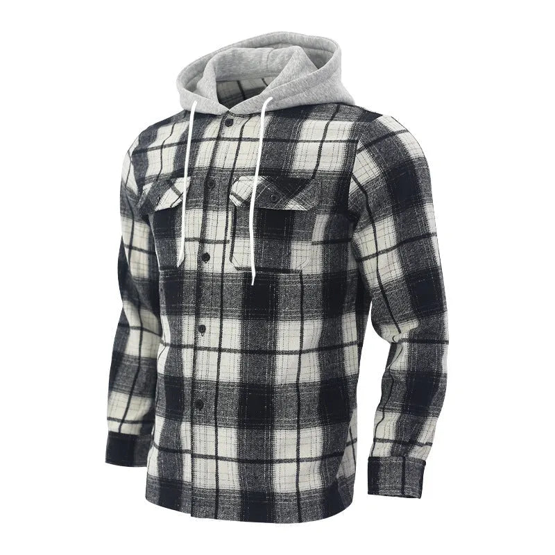 Gray plaid hooded flannel shirt for men, loose casual long sleeve jacquard cardigan, sizes S-XXXL