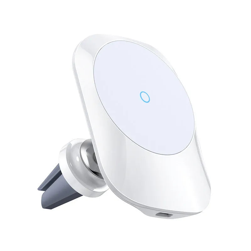 Black and white magnetic car wireless charger with phone mounted, showing air vent and dashboard mounting options