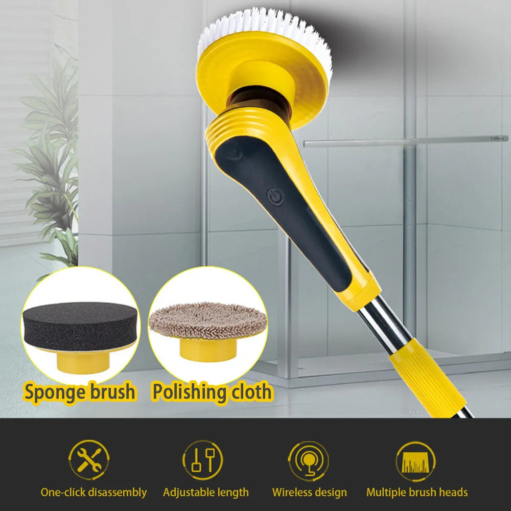 Yellow electric cleaning brush with adjustable handle and USB charging cable on bathroom floor