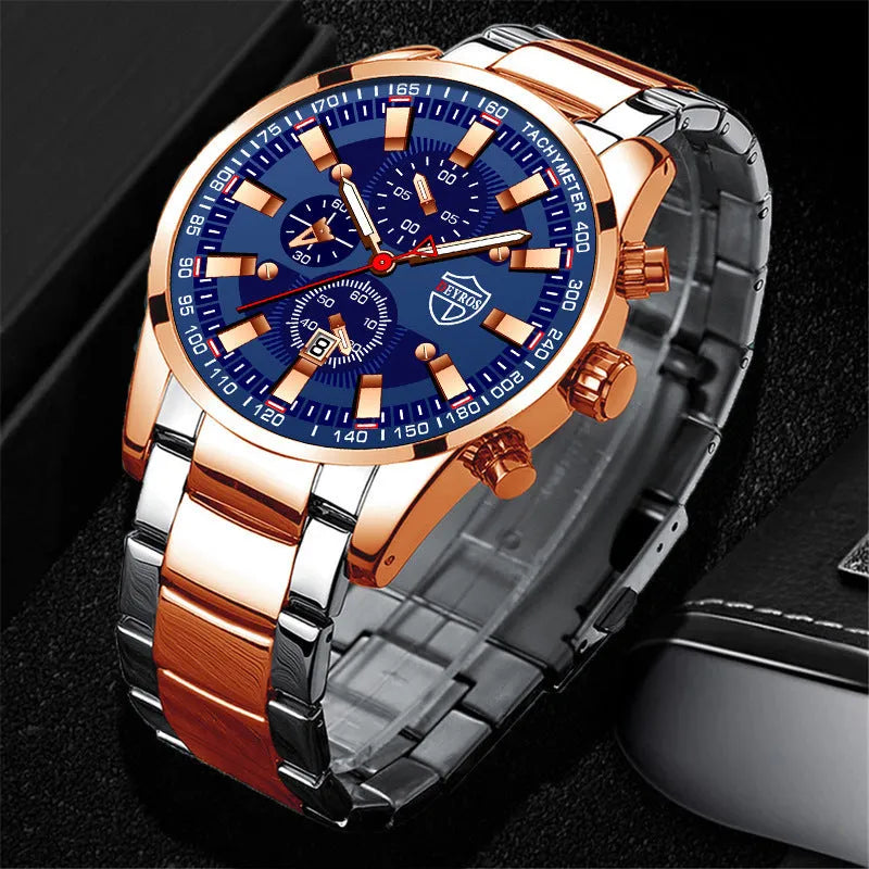Men's stainless steel quartz wristwatch with luminous dial, calendar, and 24-hour subdial, 42mm, black dial