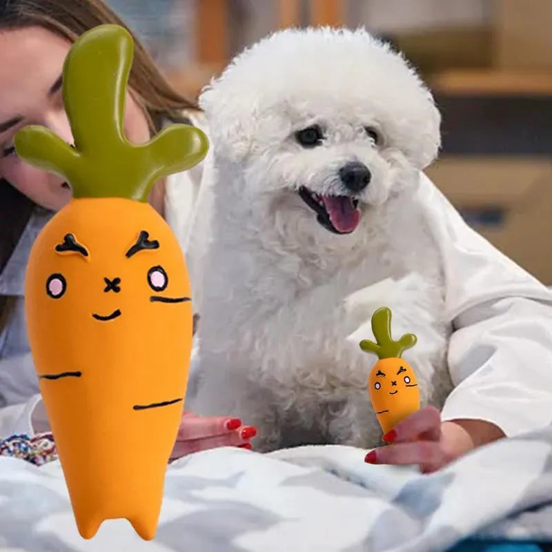 Latex vegetable dog chew toys with cartoon onion and eggplant designs