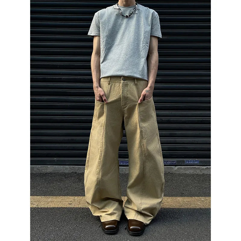 Men's khaki cotton trousers with straight leg cut and American retro styling on hanger