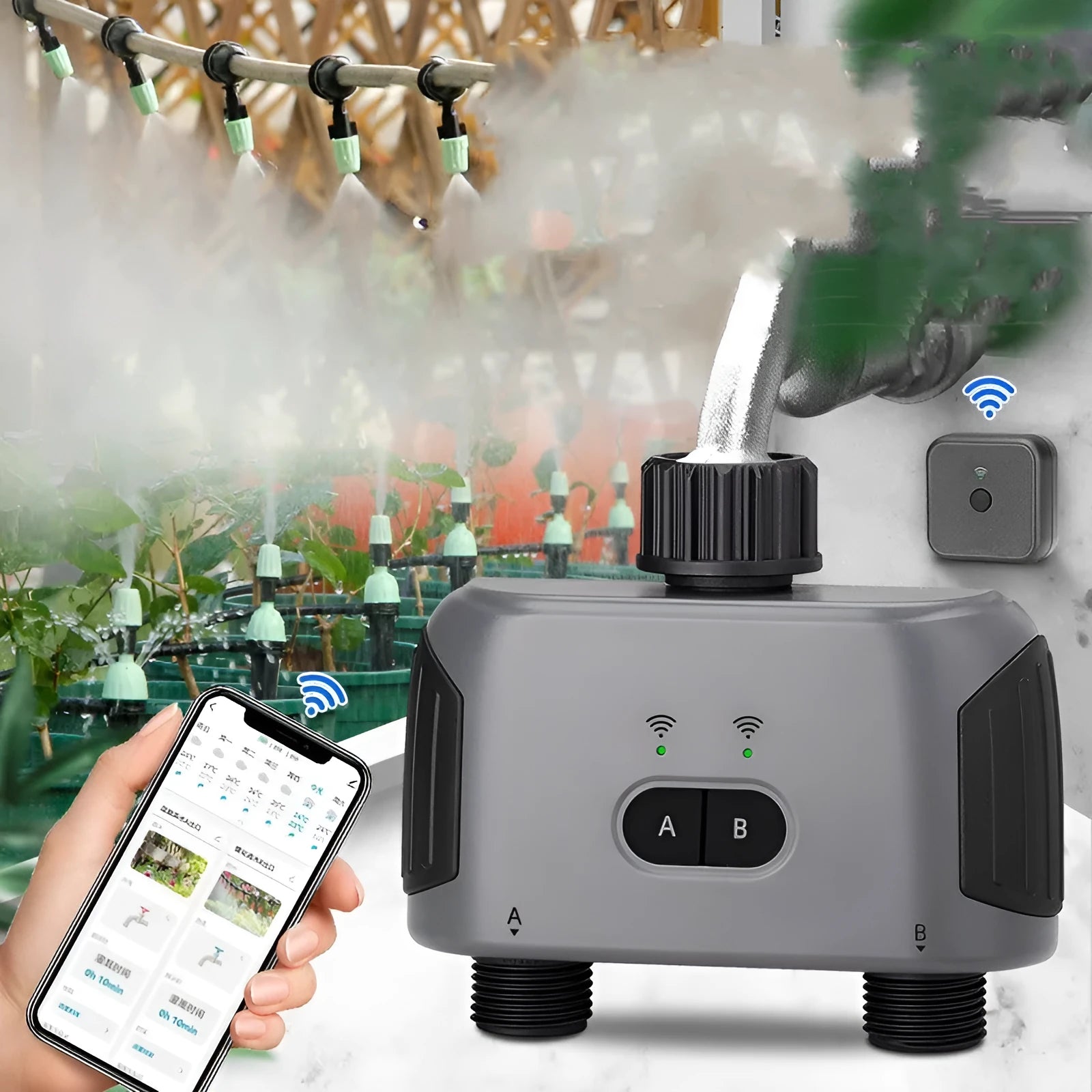 Bluetooth dual watering controller for mobile phone garden irrigation with IPX5 waterproof rating