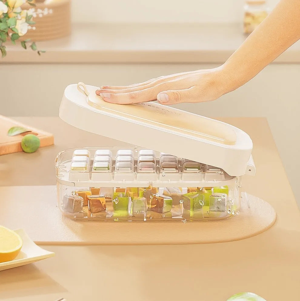 Food grade plastic ice cube tray grid in assorted colours with built-in storage for an ice shovel