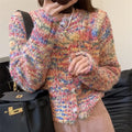 Pink and green acrylic cardigan sweater with knitted rainbow pattern, slim fit free size design