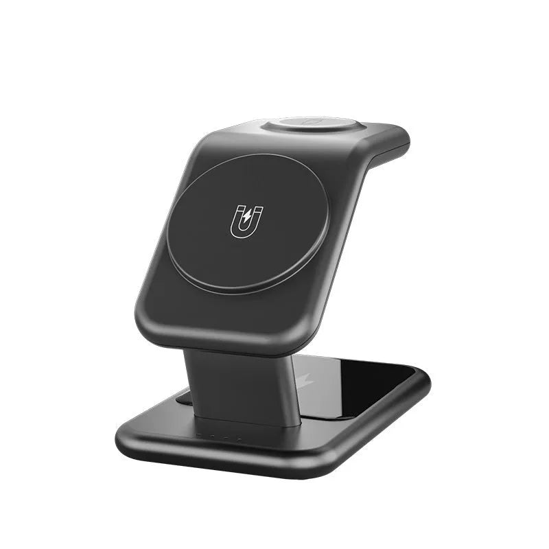 3-in-1 magnetic wireless charging bracket in black with phone, watch, and earbuds placed on charging pads