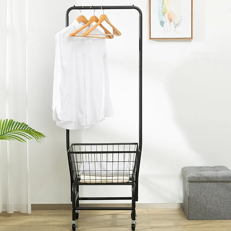Iron single rod pulley storage car for wardrobe hangers in black or white.