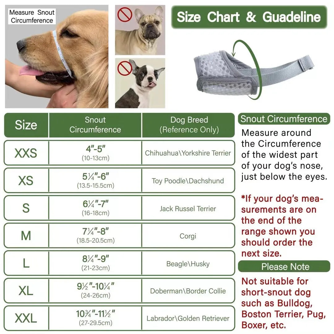 Breathable mesh dog muzzle with adjustable buckle in black, grey, or green, sizes S to XXL for biting and barking.