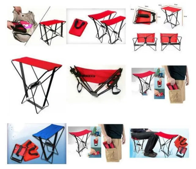 Portable pocket chair folding camping stool with metal skeleton and fabric cushion, 29x26x16 cm