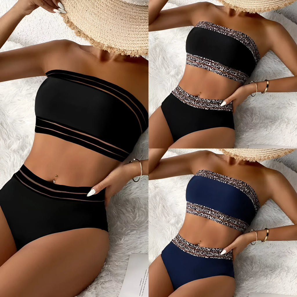 New women's bikini tube top split swimsuit two-piece in black stripes polyester