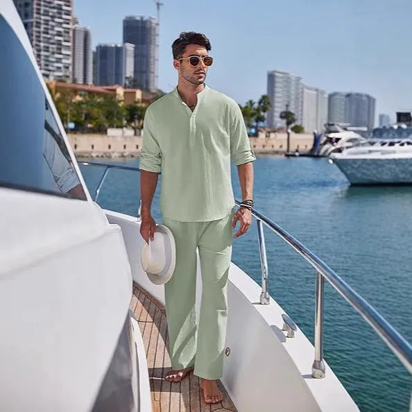 Men's casual cotton trousers suit in solid colours with long sleeves and standard thickness fabric