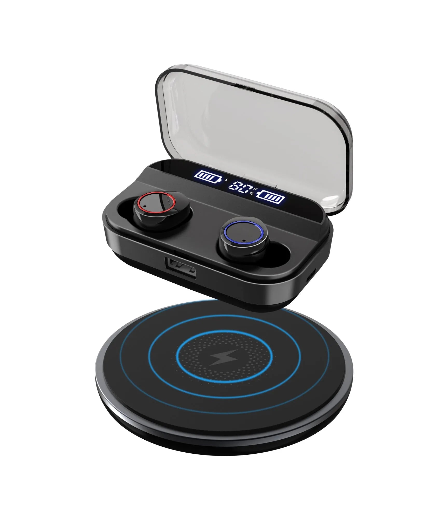 Black X11 Bluetooth wireless earbuds with touch controls and charging case with optional wireless charging