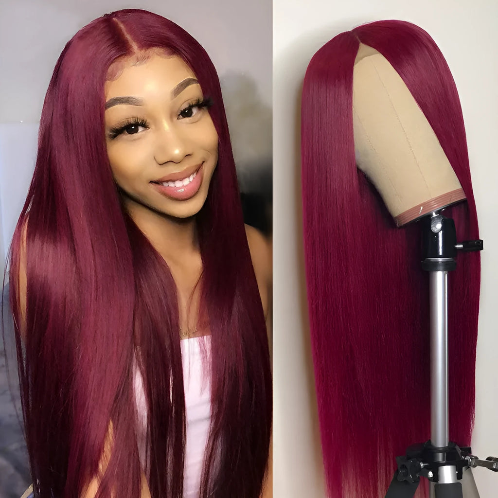 Wine red mid-length straight wig, about 70cm long and 230g, with adjustable button net