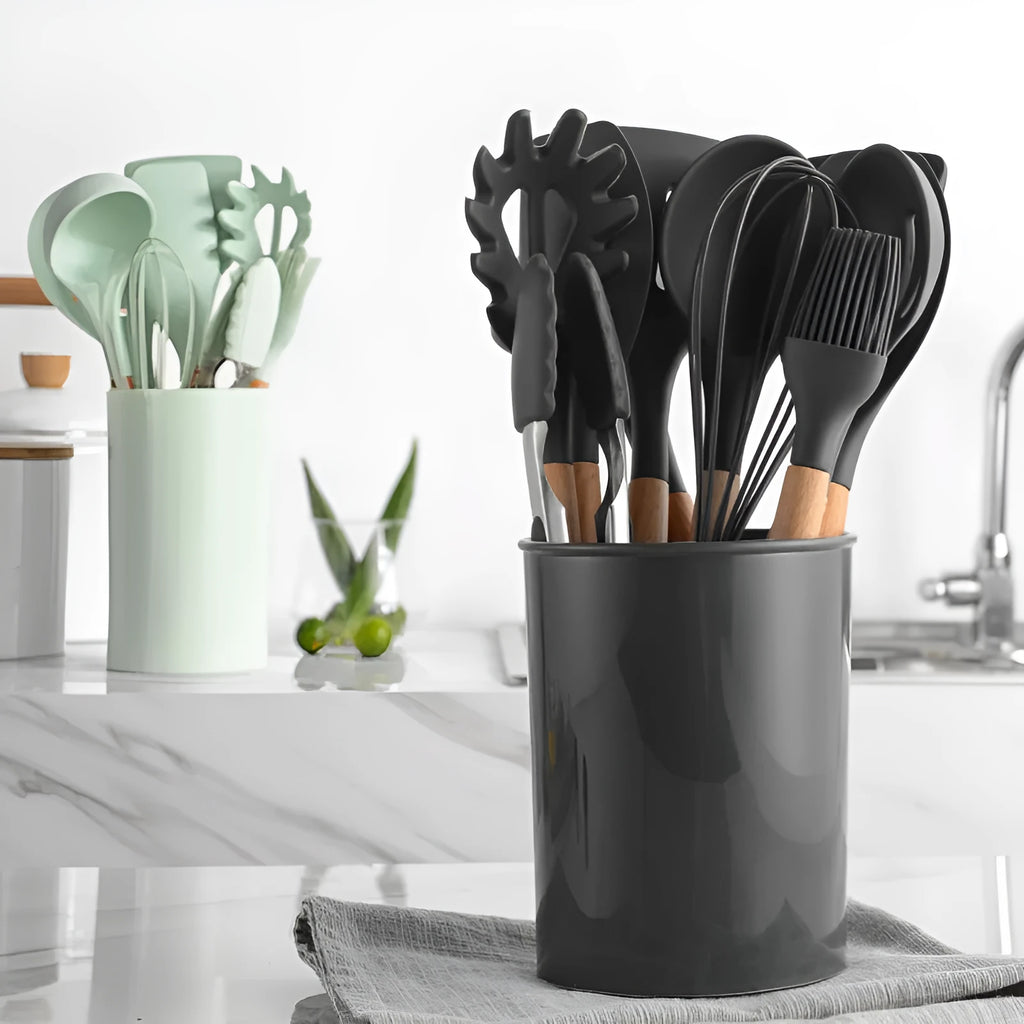 12-piece silicone kitchenware set with wooden handles and non-stick heads in a colour box package