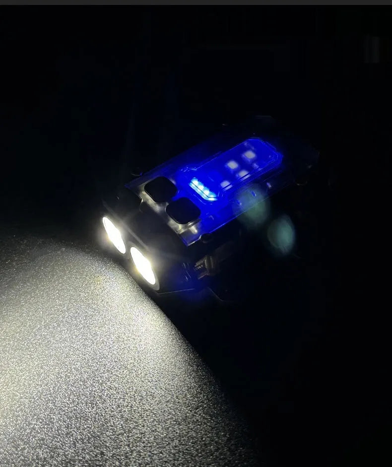 Mini portable tactical warning flashlight with USB charging cable and backpack mount.