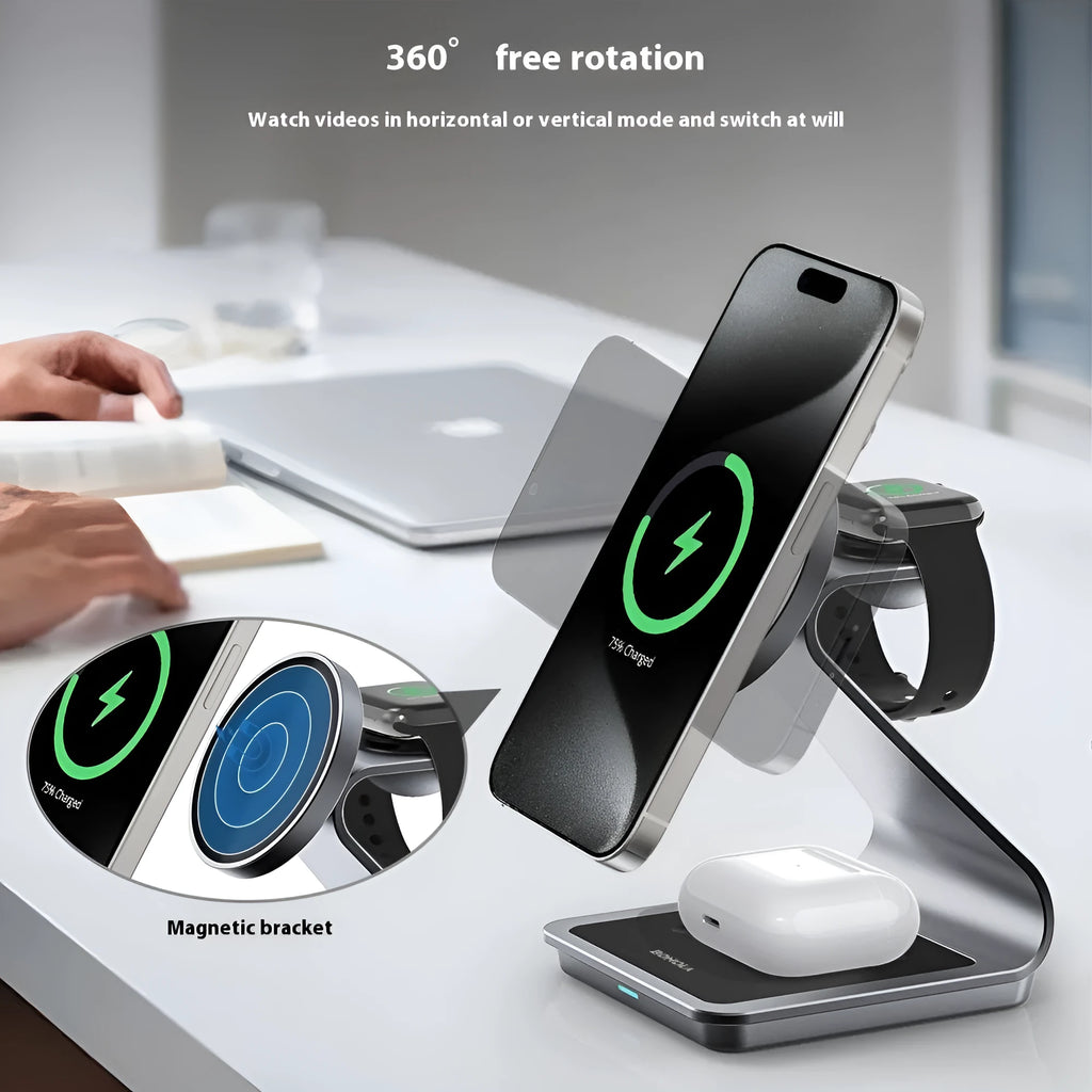 3-in-1 magnetic wireless charger in black or white aluminium alloy and ABS, 96 x 90 x 126mm, with phone, Apple Watch and earphone charging sections