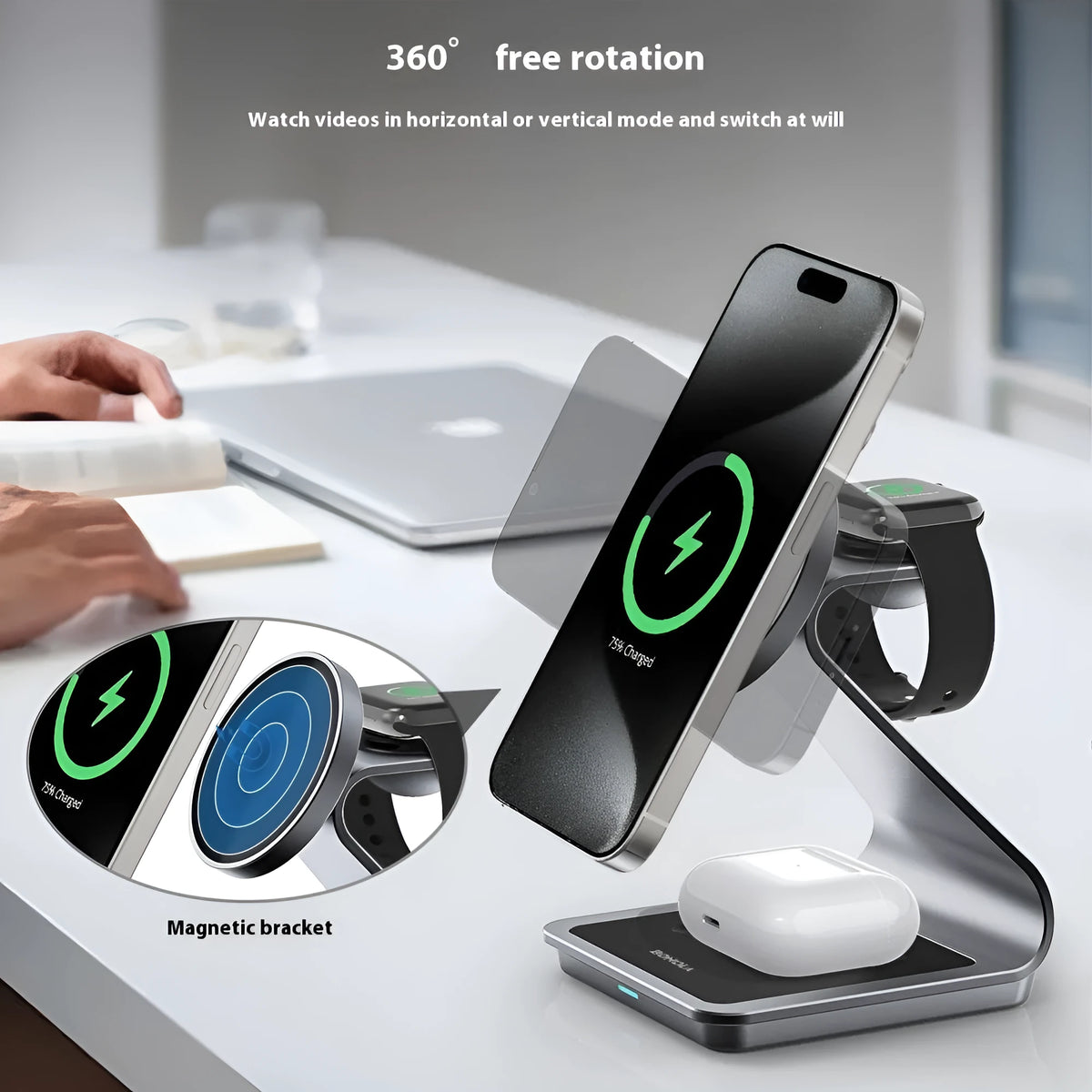 3-in-1 magnetic wireless charger in black or white aluminium alloy and ABS, 96 x 90 x 126mm, with phone, Apple Watch and earphone charging sections