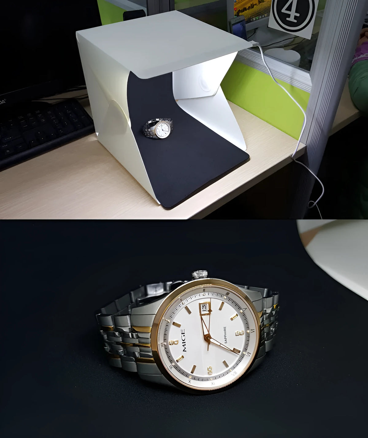 Mini LED folding photo box open with black and white background pads, USB cable, and built-in light for small item photography