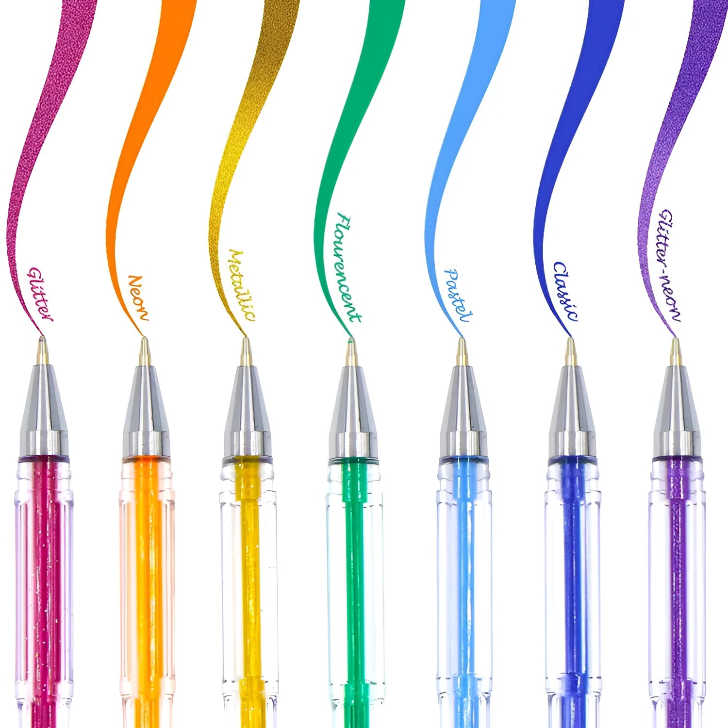 100 colour gel pen set with plastic barrels showing 0.5mm and 1mm tip sizes for writing
