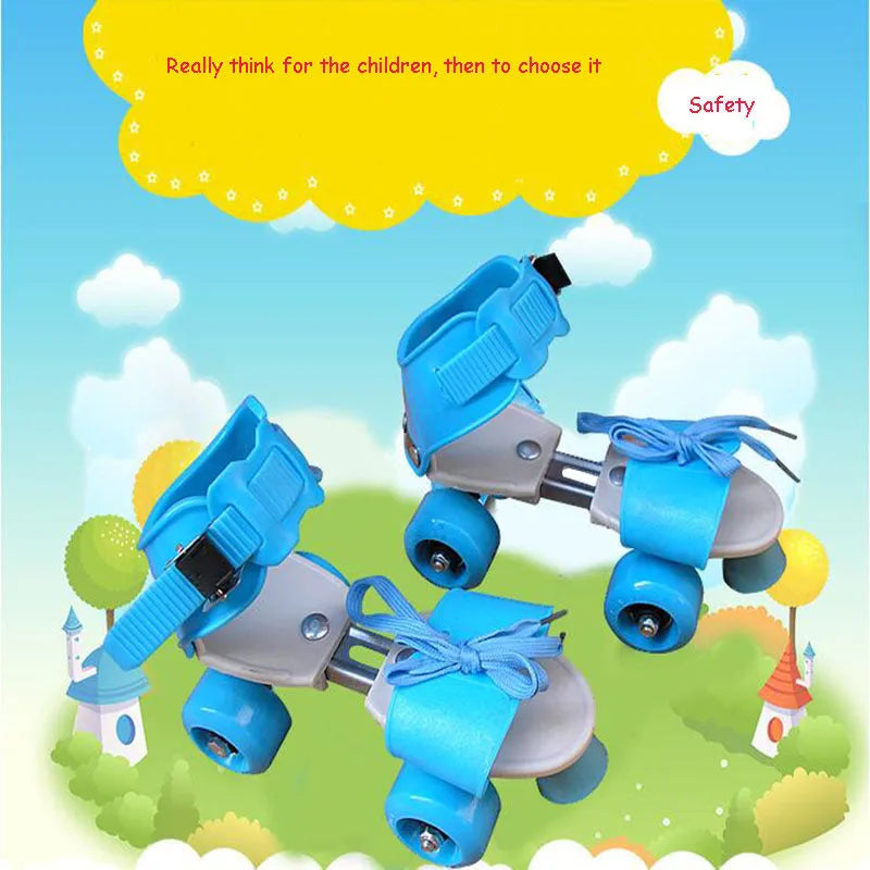 Double row skates in blue, green, or pink with ABS engineering plastic body, adjustable 27-36 yard sizing, and PUU wheels