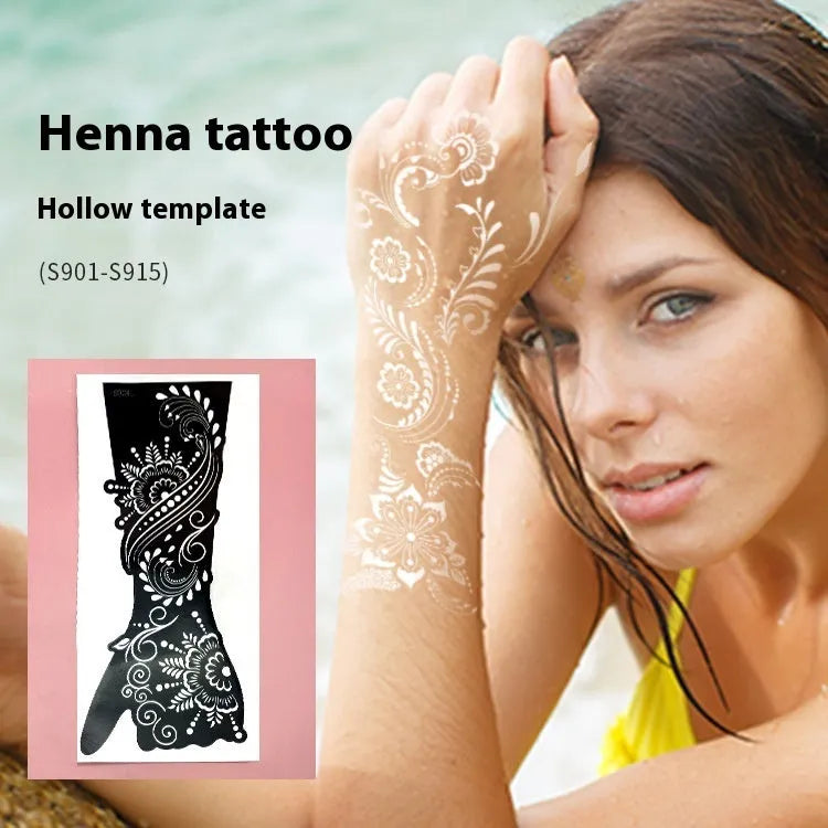 Geometric hollow template tattoo sticker sheet showing 30 symmetrical pattern designs