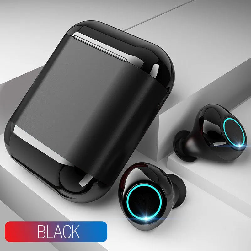 Black Bluetooth TWS wireless earbuds with a charging case, shown with gold and light grey colour options.