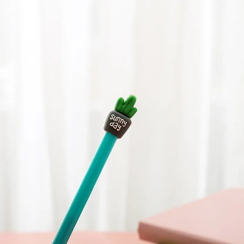 Potted cactus gel pen set 4 pens plastic silicone 18.5cm fine 0.5mm tip blue colorful gray green yellow