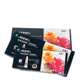 Boxed gouache paint sets showing tubes in 12, 18, and 24 colour options with 5ml and 12ml sizes.
