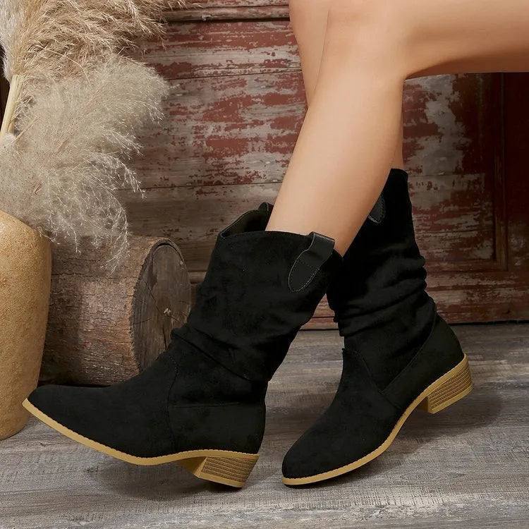 Pointed suede boots for women in black or red with hollow out detail, PU upper and lining, rubber sole, sizes 36-43
