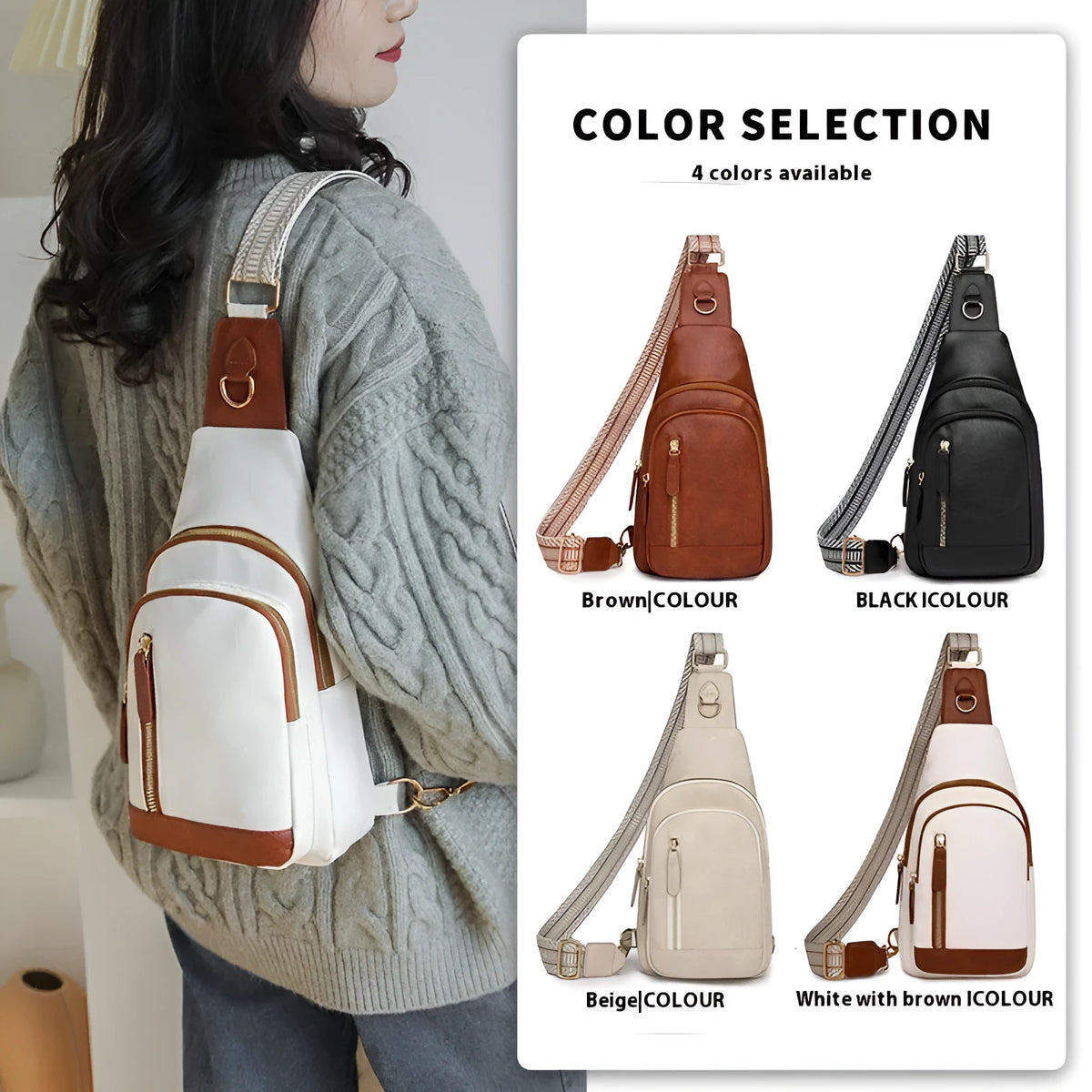 Soft PU women's crossbody bag in street-trend style with open pocket and sewing thread detail.