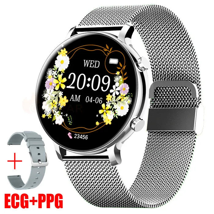 Black business smartwatch with stainless steel strap on a wrist, showing call and health tracking screen.