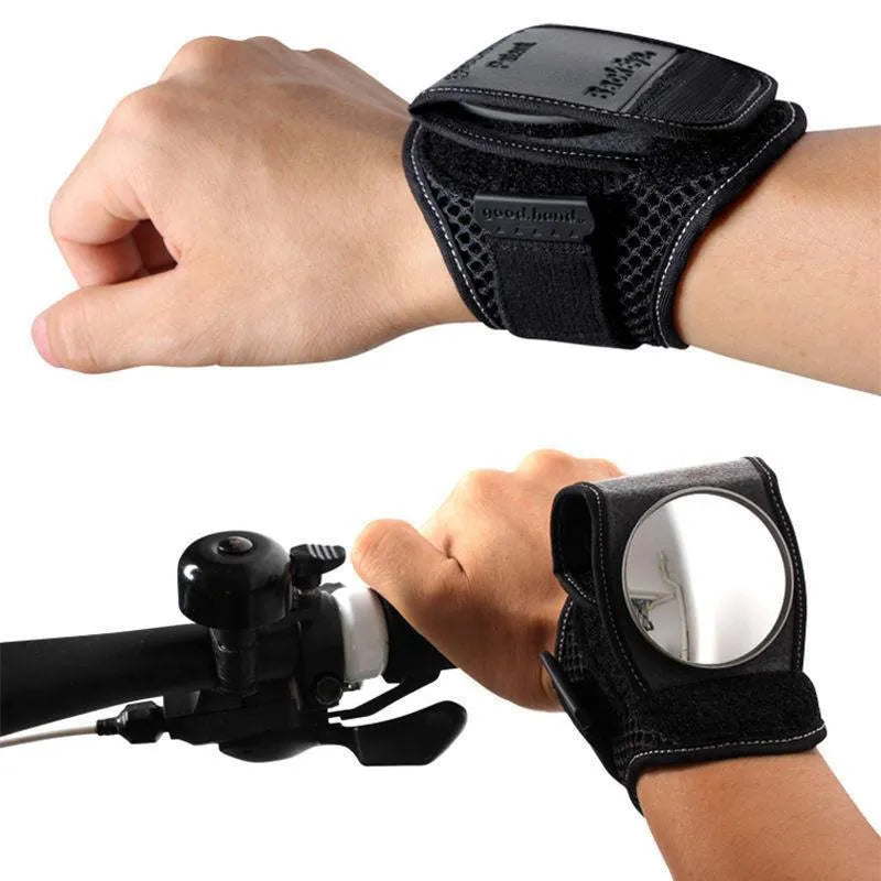 Bicycle wrist safety mirror with adjustable strap, breathing mesh band, and approx 5cm mirror diameter