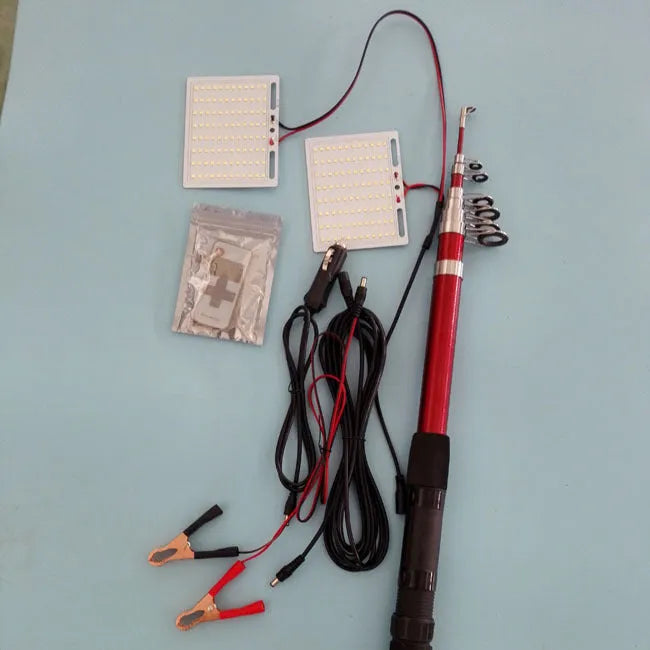 White LED fishing rod light mounted on a telescopic pole with remote control for outdoor use.