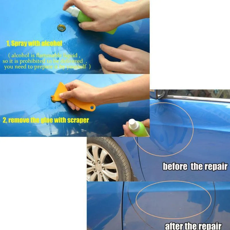 Car dent repair tool set with gold puller, 23 rubber tabs, hot glue gun and glue sticks