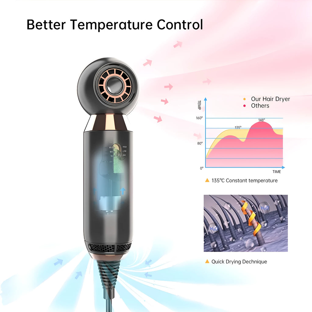 Leafless blower with foldable handle showing hot/cold air functions and speed controls