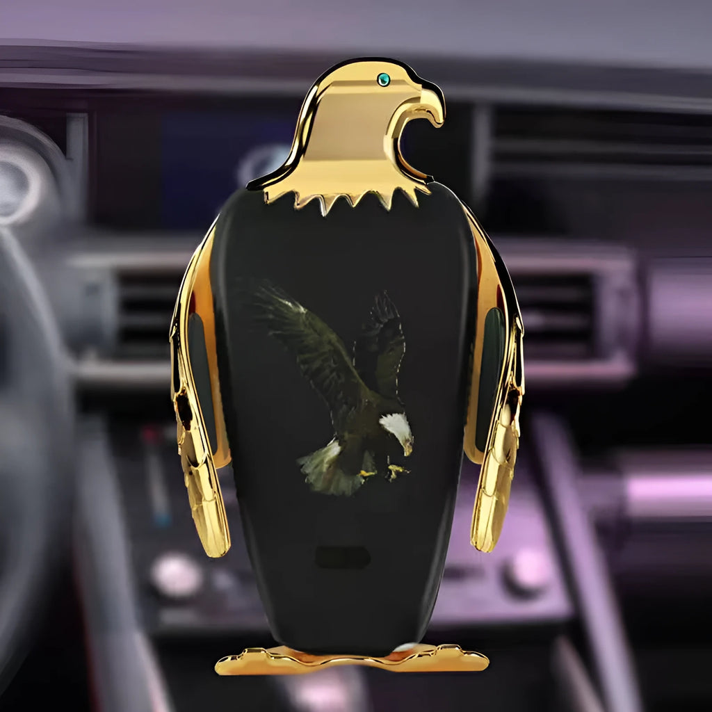 Wireless charging car phone holder with suction cup and Eagle style grip in black and gold.