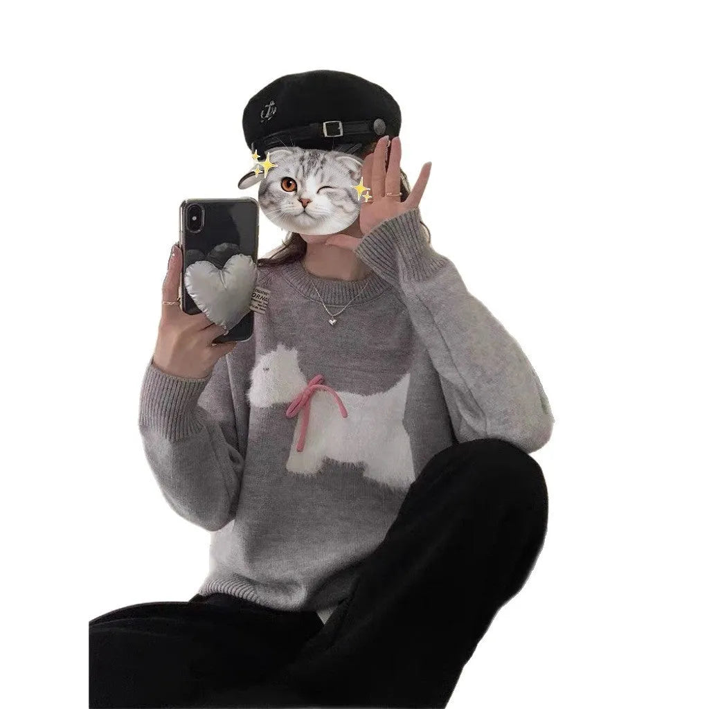 Puppy jacquard Korean pullover sweater in wine red with 3D stereoscopic pattern on wool blend fabric